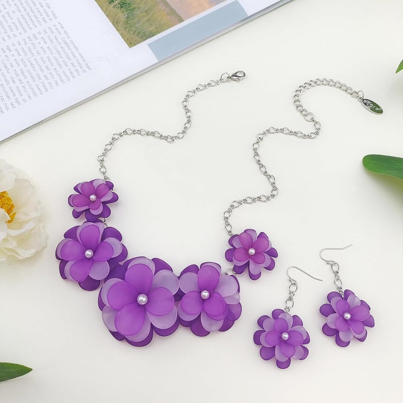 Bocar Flower Collar Necklace, Floral Flower Summer Beach Statement Choker Necklace and Earrings Set for Women, Handmade Women Jewelry Gift - Image 2